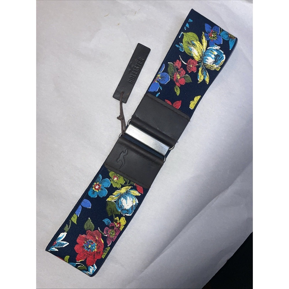 NWT Navy Stretch Floral Waist Belt Hollister XS S Leather Elastic Metal Buckle